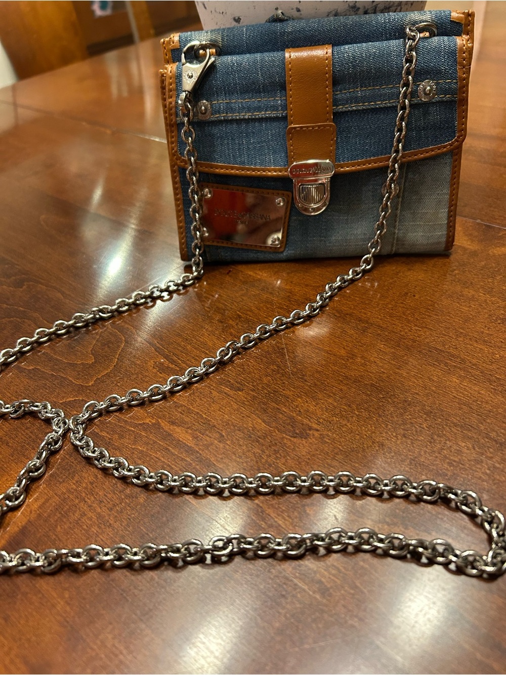 Authentic Dolce  & Gabbana Blue Denim and Tan Leather Chain Crossbody Bag